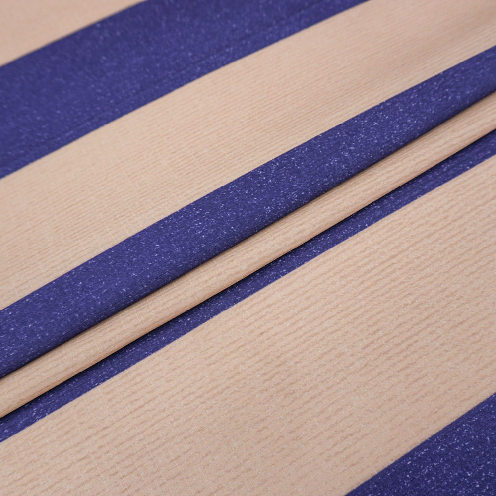 Tecido poliéster com textura de linho listrado azul/nude