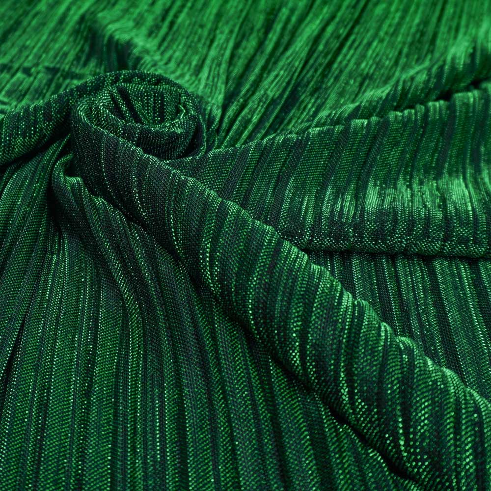 Tecido malha lurex plissada verde