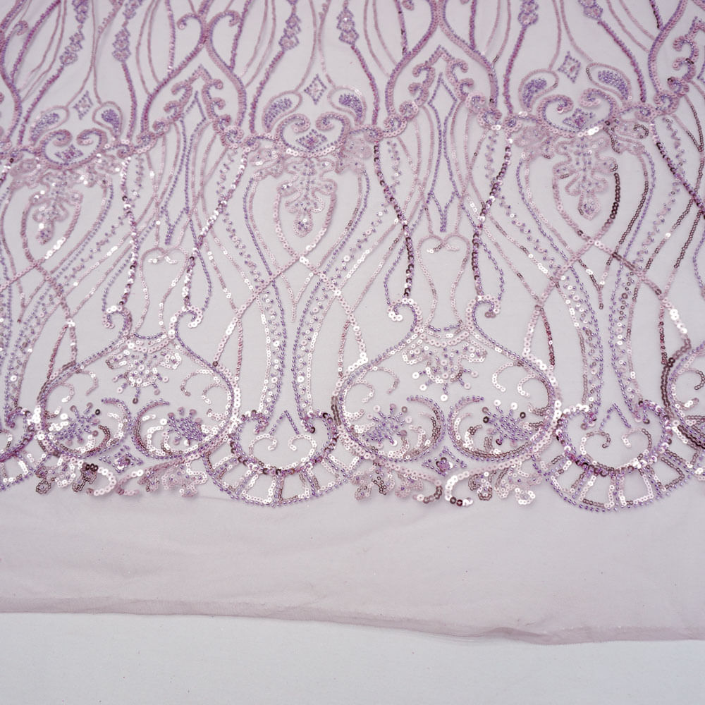 Tecido renda tule bordado pedraria paetê barrado lilás
