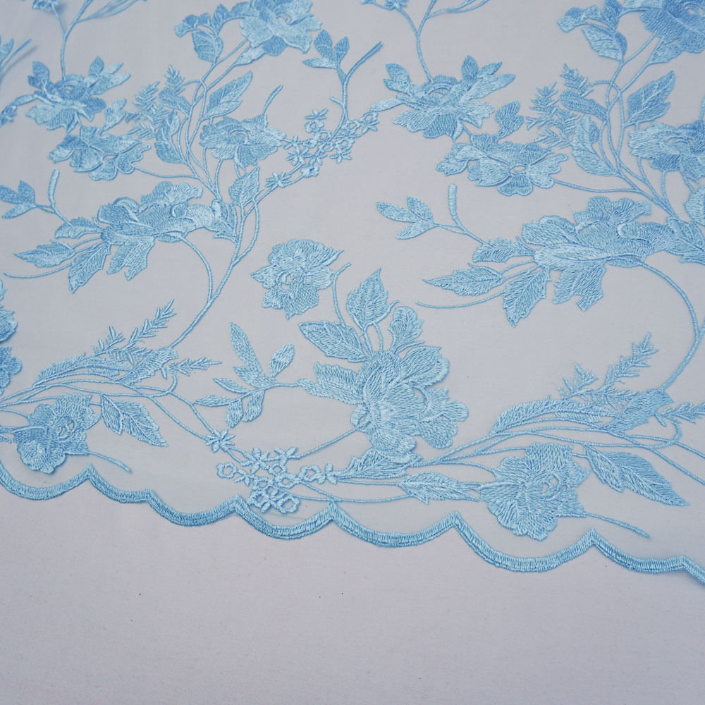 Tecido renda tule bordado floral azul claro