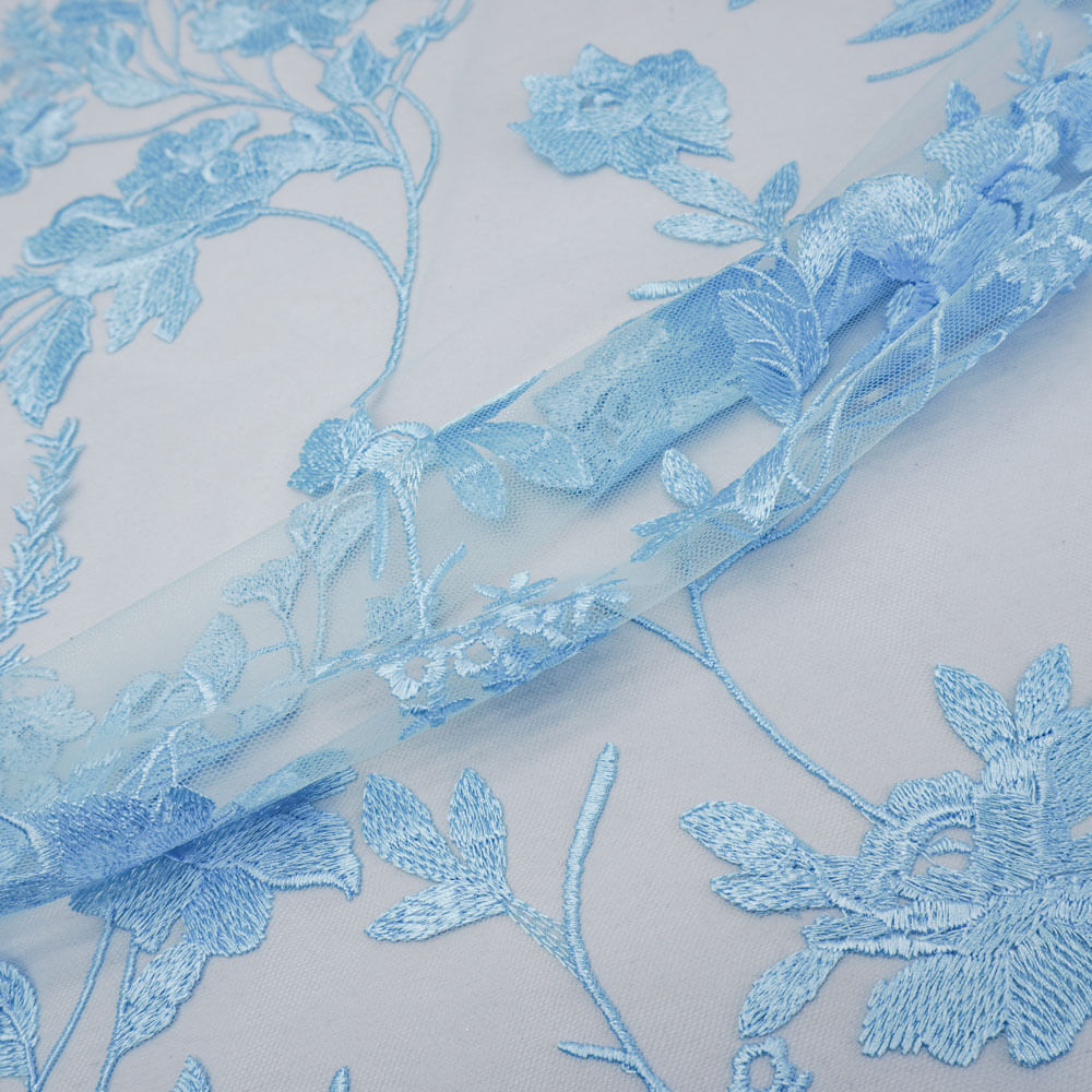 Tecido renda tule bordado floral azul claro