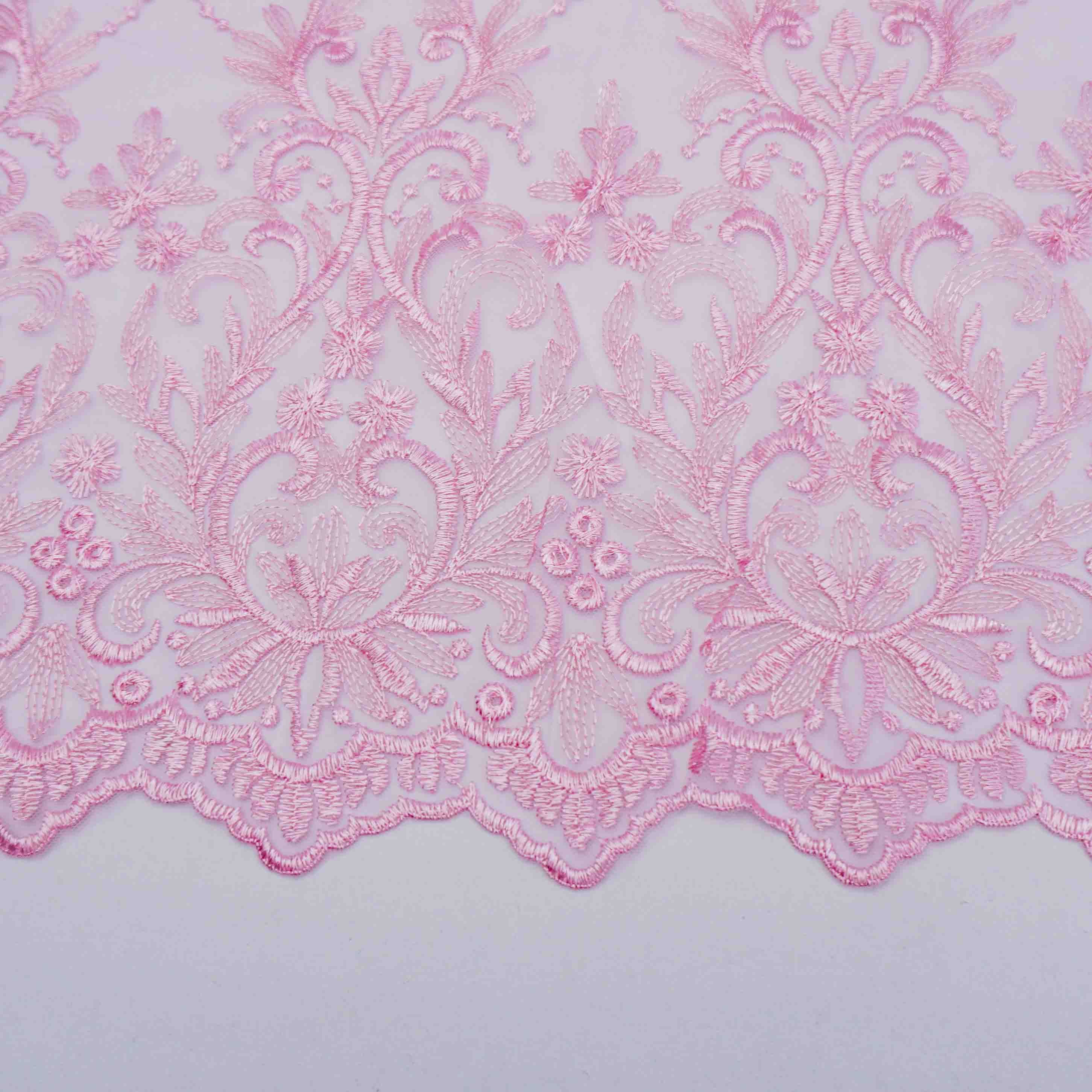 Tecido renda tule bordado floral rosa