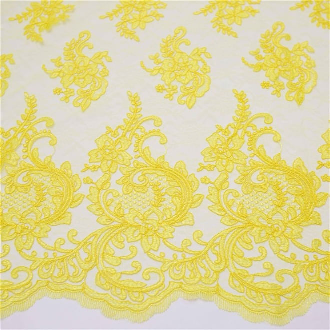 Tecido renda tule bordado amarelo und 95cm x 130cm