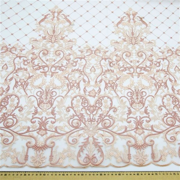 Tecido renda tule bordado barrado arabesco pêssego rosê und 110cm x 135cm