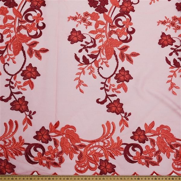 Tecido renda tule bordado floral coral/vinho und 70cm x 127cm