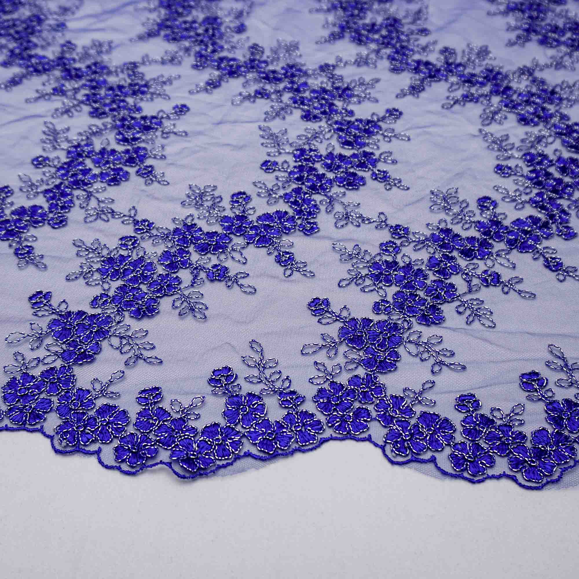 Tecido renda tule bordado floral fio metalizado azul royal