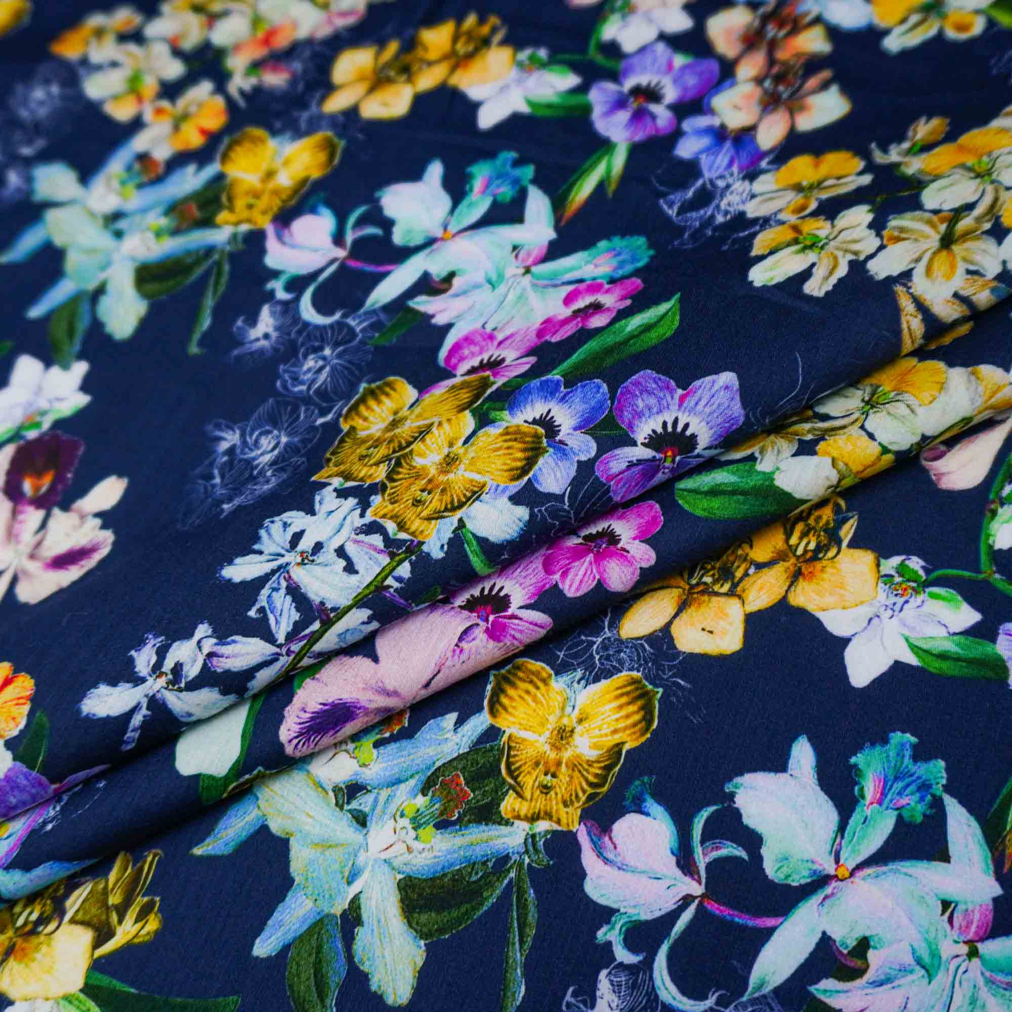 Tecido cambraia de algodão puro azul marinho estampado floral (tecido italiano legítimo)