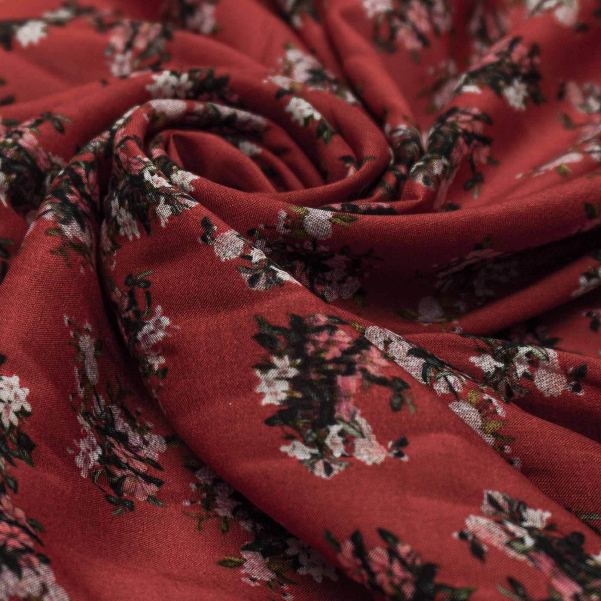 Tecido cambraia de viscose terracota estampado floral (tecido italiano legítimo)