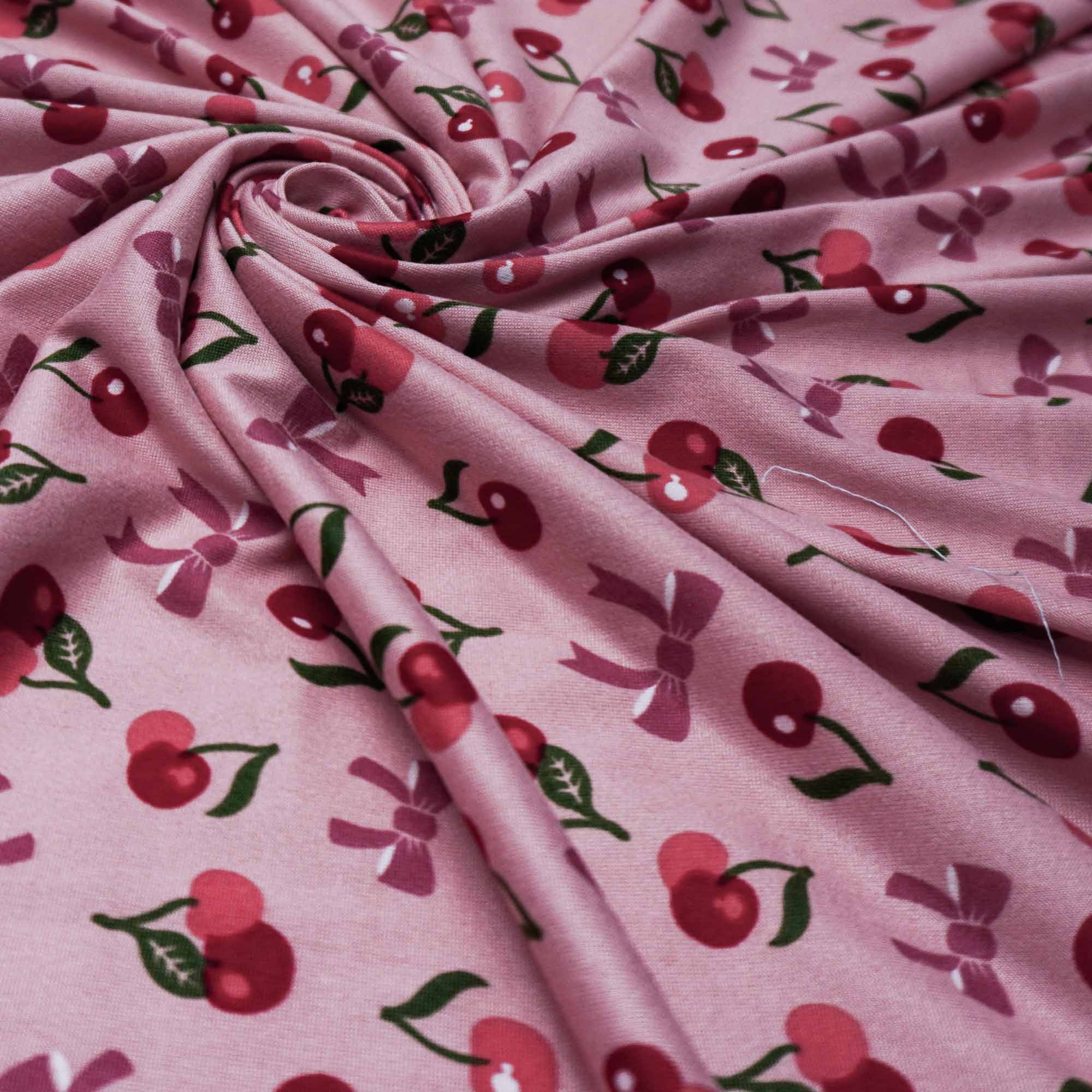 Tecido viscolycra (pijama) rosê estampado cereja