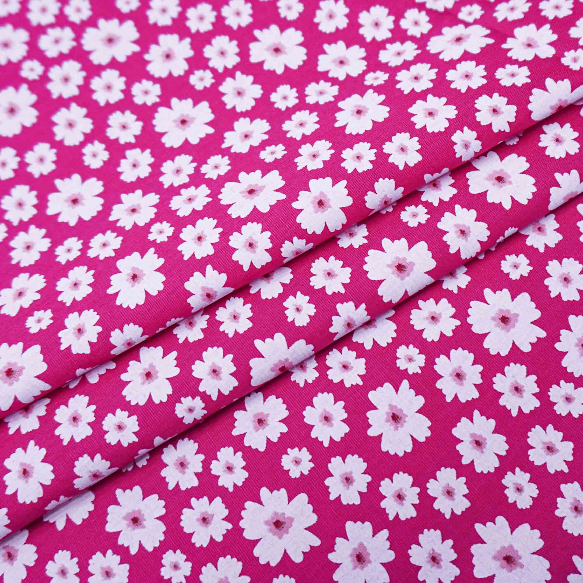Tecidos tricoline estampado rosa margarida branca