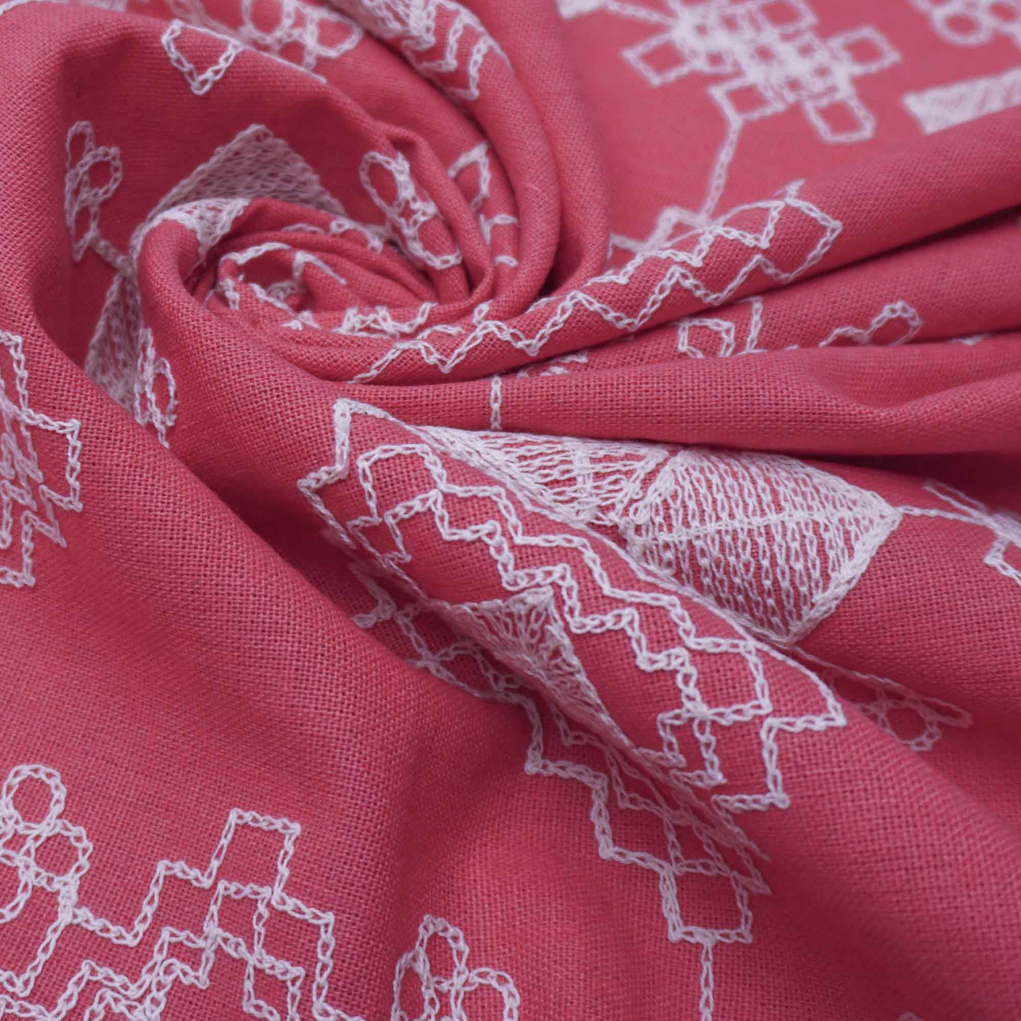 Tecido linho misto bordado rosa coral