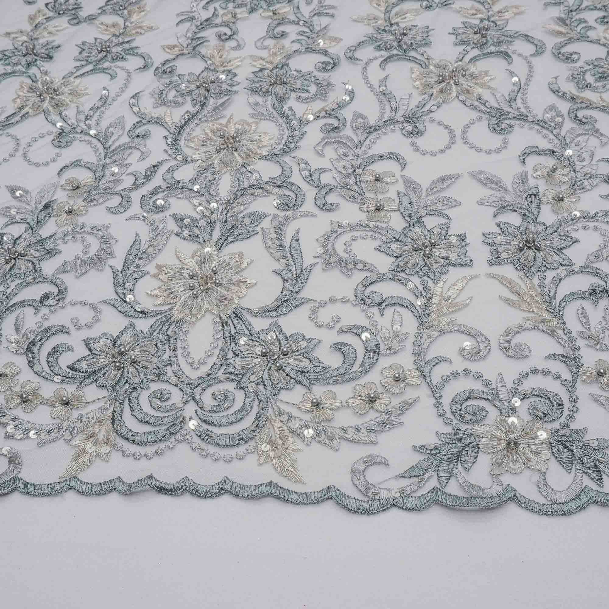 Tecido renda tule bordado pedraria fio dourado cinza Maximus