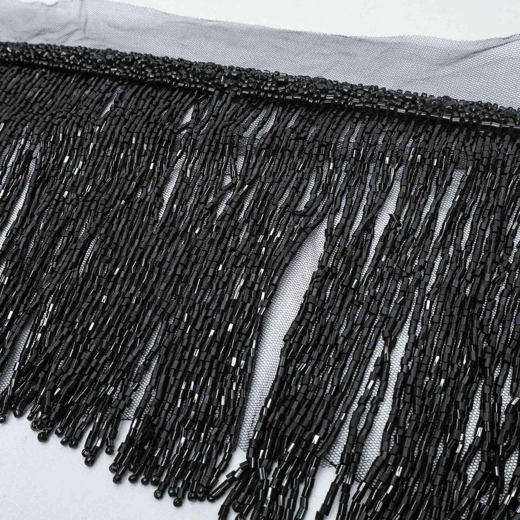 Tecido franja bordada canutilhos preta largura 15cm Maximus