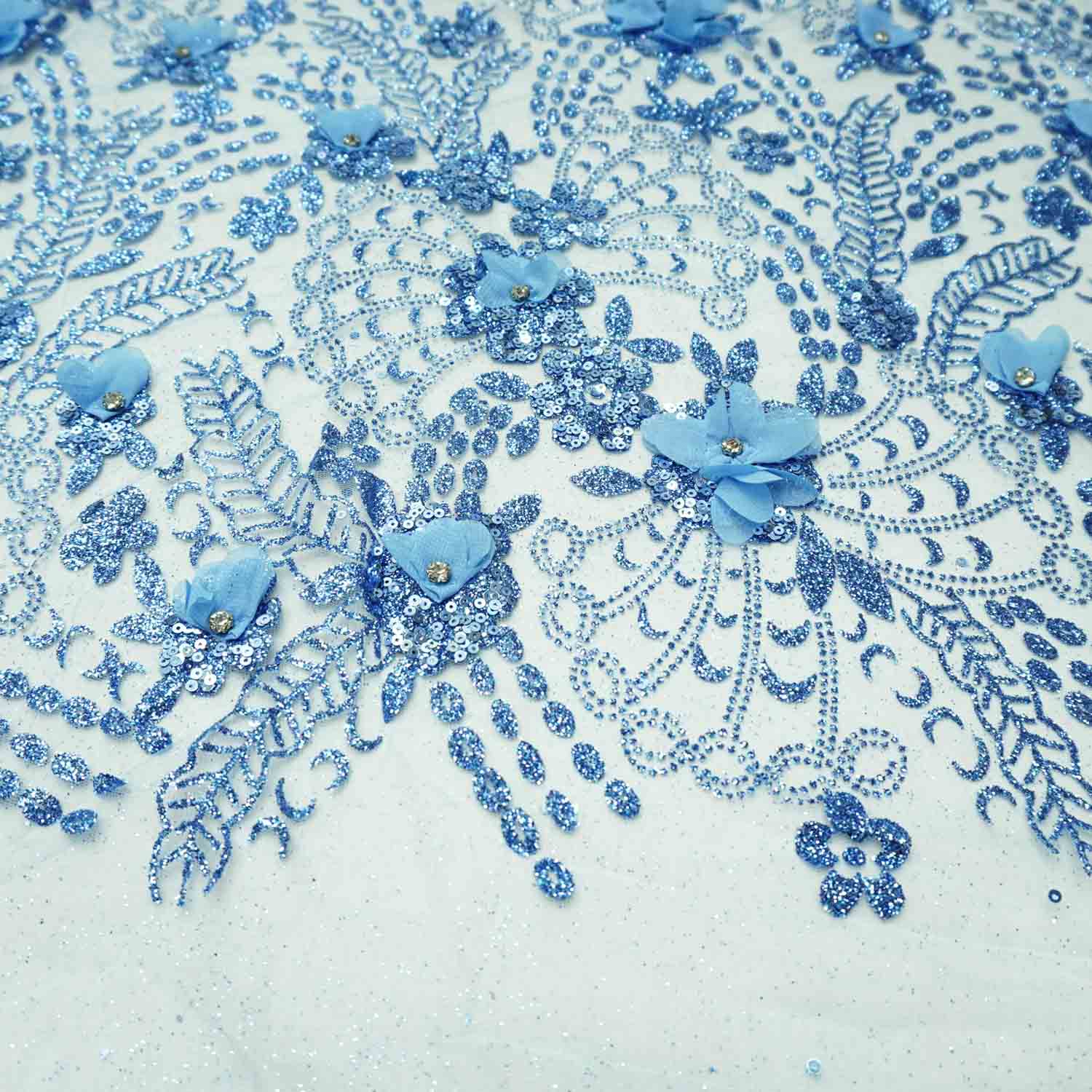 Azul Serenity Tule Bordado Perola Tecido Renda Tule Com Gliter