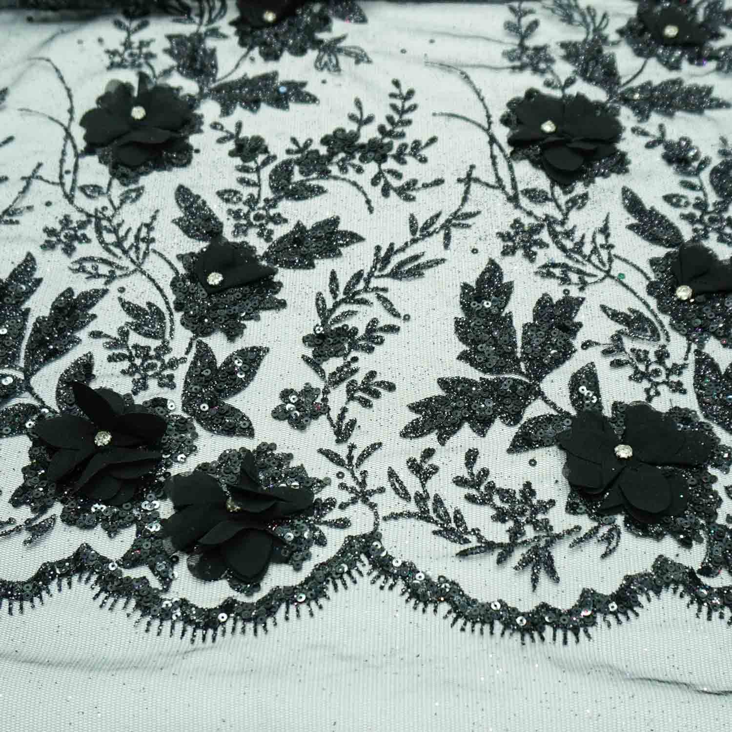 Tecido renda tule glitter e paetê com flor 3d preto Maximus